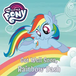 Size: 1948x1949 | Tagged: safe, derpibooru import, official, rainbow dash, pegasus, pony, board book, book cover, cloud, cover, day, eyes open, female, flying, get well soon rainbow dash, image, jpeg, mare, my little pony logo, open mouth, orchard books, outdoors, rainbow, solo, spread wings, stock vector, text, wings