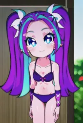 Size: 434x640 | Tagged: suggestive, derpibooru import, edit, editor:ah96, editor:luckreza8, machine learning generated, aria blaze, human, equestria girls, ai content, anime, ariabetes, belly button, bra, breasts, busty aria blaze, cleavage, clothes, cute, female, generator:imgcreator, happy, image, pigtails, png, purple underwear, solo, solo female, underwear
