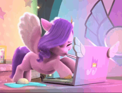 Size: 1070x820 | Tagged: safe, derpibooru import, screencap, pipp petals, g5, my little pony: make your mark, spoiler:g5, spoiler:my little pony: make your mark, spoiler:my little pony: make your mark chapter 4, spoiler:mymc04e06, a little horse, animated, computer, computer mouse, flapping wings, gif, image, laptop computer, loop, mousepad, my little pony: make your mark chapter 4, reversed, solo, stained glass, thermometer, wings