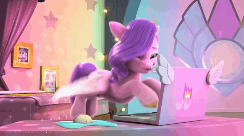 Size: 1920x1072 | Tagged: safe, derpibooru import, screencap, pipp petals, zipp storm, g5, my little pony: make your mark, spoiler:g5, spoiler:my little pony: make your mark, spoiler:my little pony: make your mark chapter 4, spoiler:mymc04e06, a little horse, animated, bedroom, computer, computer mouse, curtains, gif, image, laptop computer, mousepad, my little pony: make your mark chapter 4, sick, stained glass, thermometer, typing