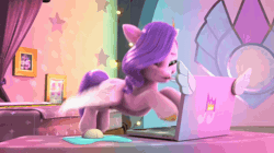 Size: 1920x1072 | Tagged: safe, derpibooru import, screencap, pipp petals, zipp storm, g5, my little pony: make your mark, spoiler:g5, spoiler:my little pony: make your mark, spoiler:my little pony: make your mark chapter 4, spoiler:mymc04e06, a little horse, animated, bedroom, computer, computer mouse, curtains, gif, image, laptop computer, mousepad, my little pony: make your mark chapter 4, sick, stained glass, thermometer, typing