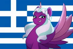 Size: 2560x1707 | Tagged: safe, derpibooru import, alicorn, pony, g5, my little pony: make your mark, my little pony: tell your tale, antagonist, evil grin, eyeshadow, fan theory, female, flag, flag background, greece, grin, image, jpeg, looking at you, makeup, mare, opaline arcana, smiling, smiling at you, spread wings, villainess, wings