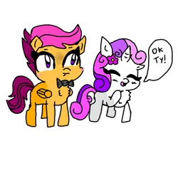 Size: 1000x1000 | Tagged: safe, artist:sweetsterty, derpibooru import, scootaloo, sweetie belle, angry, blushing, bowtie, chest fluff, cute, cutealoo, dialogue, diasweetes, eyes closed, female, image, jealous, lesbian, png, scootabelle, shipping