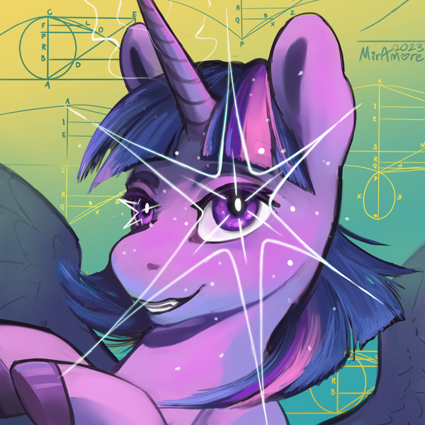 Size: 2500x2500 | Tagged: safe, artist:miramore, derpibooru import, twilight sparkle, twilight sparkle (alicorn), alicorn, pony, cool, digital art, effects, gradient background, horn, image, krita, looking at you, math, png, profile picture, purple eyes, smiling, smiling at you, solo, sparkles, spread wings, wings