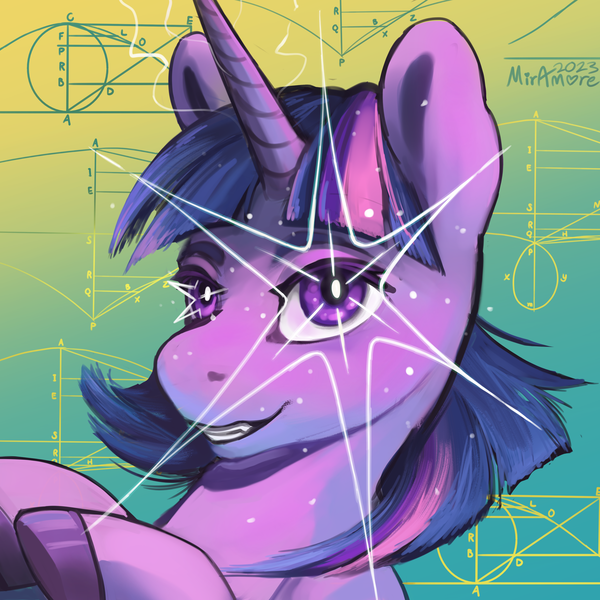 Size: 2500x2500 | Tagged: safe, alternate version, artist:miramore, derpibooru import, twilight sparkle, pony, unicorn, cool, cute, digital art, effects, flowing mane, gradient background, horn, image, krita, looking at you, math, png, profile picture, purple eyes, raised hoof, smiling, smiling at you, solo, sparkles, unicorn twilight