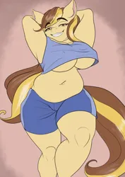 Size: 595x842 | Tagged: suggestive, artist:gabocomics, derpibooru import, oc, unofficial characters only, anthro, earth pony, anthro oc, arm behind head, belly, belly button, big breasts, breasts, chubby, cleavage, clothes, commission, ear fluff, ears, earth pony oc, eyebrows, eyelashes, female, female oc, hips, image, jpeg, looking at you, lying down, midriff, narrowed eyes, nostrils, on back, short shirt, shorts, smiling, smiling at you, snout, solo, tail, thighs, thunder thighs, two toned hair, two toned tail, underboob, waist, wide hips