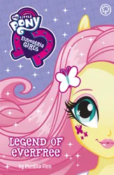 Size: 1519x2327 | Tagged: safe, derpibooru import, official, fluttershy, equestria girls, legend of everfree, cutie mark, cutie mark eyes, cutie mark on equestria girl, equestria girls logo, eyeshadow, female, flowing hair, hairclip, image, jpeg, lipstick, makeup, my little pony logo, orchard books, perdita finn, ponied up, pony ears, solo, sparkles, wingding eyes