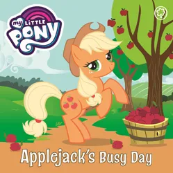 Size: 1940x1949 | Tagged: safe, derpibooru import, applejack, earth pony, pony, apple, apple orchard, apple tree, applejack's busy day, barrel, board book, book cover, cloud, cover, female, food, freckles, image, jpeg, lidded eyes, mare, my little pony logo, orchard, orchard books, outdoors, rearing, smiling, solo, stock vector, sweet apple acres, text, tree