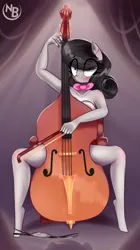 Size: 2517x4500 | Tagged: suggestive, alternate version, artist:nevobaster, octavia melody, anthro, earth pony, blushing, bow, breasts, clothes, exposed, exposed breasts, image, implied vinyl scratch, legs, lingerie, looking at you, makeup, musical instrument, nail polish, nudity, panties, panties around leg, panties pulled down, png, sitting, spotted, surprised, text, underwear