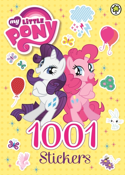 Size: 1772x2481 | Tagged: safe, derpibooru import, official, angel bunny, pinkie pie, rarity, bee, bird, butterfly, earth pony, insect, pony, rabbit, unicorn, 1001 stickers, animal, balloon, bipedal, book cover, cover, crossed legs, duo, duo female, female, flower, image, jpeg, lightning, mare, my little pony logo, open mouth, orchard books, rain, sparkles, sticker, stock vector, text