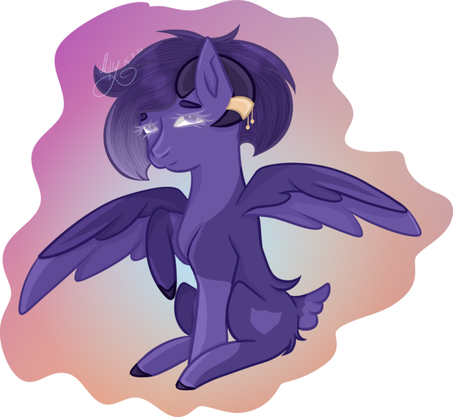 Size: 3140x2891 | Tagged: safe, artist:thecommandermiky, derpibooru import, oc, oc:miky command, unofficial characters only, deer, deer pony, hybrid, original species, pegasus, deer oc, deer tail, happy, horn, horn jewelry, image, jewelry, looking at you, non-pony oc, pegasus oc, png, purple eyes, purple hair, purple mane, raised hoof, simple background, sitting, smiling, solo, spread wings, tail, wings