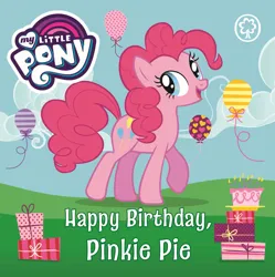 Size: 1531x1536 | Tagged: safe, derpibooru import, pinkie pie, earth pony, pony, balloon, birthday cake, board book, book cover, cake, candle, cloud, cover, female, field, food, happy birthday pinkie pie, image, jpeg, mare, my little pony logo, open mouth, orchard books, outdoors, plate, present, raised hoof, raised leg, smiling, solo, stock vector, text