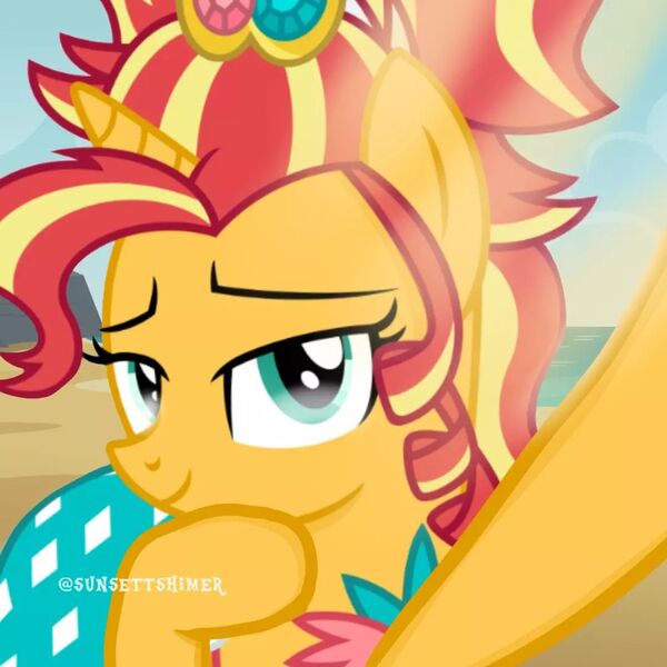 Size: 1080x1080 | Tagged: safe, derpibooru import, sunset shimmer, pony, unicorn, beach, female, g4, image, jpeg, selfie, solo