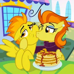 Size: 1080x1080 | Tagged: artist needed, source needed, safe, derpibooru import, spitfire, stormy flare, pegasus, pony, female, food, g4, image, jpeg, kiss on the cheek, kissing, mother and child, mother and daughter, one eye closed, pancakes