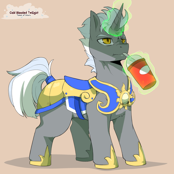 Size: 1200x1200 | Tagged: safe, artist:cold-blooded-twilight, derpibooru import, oc, oc:scope, unofficial characters only, armor, aura, colored, custom armor, drink, image, magic, png, royal guard, sipping, smoothie, straw in mouth, telekinesis