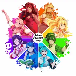 Size: 1280x1280 | Tagged: safe, artist:applesartt, derpibooru import, applejack, human, equestria girls, :p, apple, avatar the last airbender, barbie, blueberry (strawberry shortcake), blueberry muffin (strawberry shortcake), book, catra, color wheel, color wheel challenge, cowboy hat, cure peace, female, females only, food, hat, hatsune miku, heart hands, image, jpeg, looking at you, love live!, one eye closed, precure, reading, she-ra and the princesses of power, strawberry shortcake, tongue out, toph bei fong, vocaloid, wink