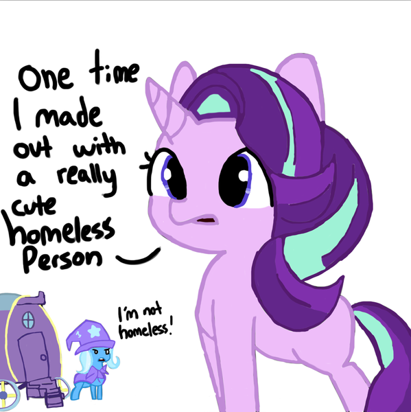 Size: 1673x1677 | Tagged: safe, artist:tjpones, derpibooru import, starlight glimmer, trixie, pony, unicorn, colored, confession, dialogue, female, g4, homeless, image, lesbian, png, shippin, shipping, startrix, trixie's wagon, wagon