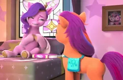 Size: 1889x1233 | Tagged: safe, derpibooru import, screencap, pipp petals, sunny starscout, g5, my little pony: make your mark, spoiler:g5, spoiler:my little pony: make your mark, spoiler:my little pony: make your mark chapter 4, spoiler:mymc04e06, a little horse, bag, bedroom, book, curtains, image, jpeg, my little pony: make your mark chapter 4, picture frame, saddle bag, sick, smiling, stained glass