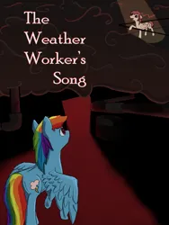 Size: 768x1024 | Tagged: safe, artist:silent whisper, derpibooru import, rainbow dash, pegasus, fanfic, fanfic:rainbow factory, fanfic:the weather worker's song, cloud, fanfic art, fanfic cover, image, png, railing, rainbow factory dash, spotlight, text