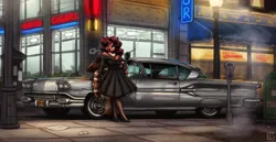 Size: 3010x1550 | Tagged: safe, artist:king-kakapo, derpibooru import, oc, oc:flechette, unofficial characters only, changeling, insect, moth, mothling, original species, car, city, clothes, dress, image, png, pontiac, pontiac bonneville, smoking, species swap