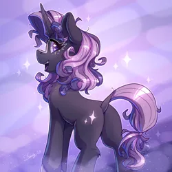 Size: 2480x2480 | Tagged: safe, artist:dandy, derpibooru import, oc, oc:velvet chaser, unofficial characters only, pony, unicorn, abstract background, artfight, chest fluff, female, high res, horn, image, looking at you, looking back, looking back at you, open mouth, open smile, png, smiling, solo, sparkles, unicorn oc