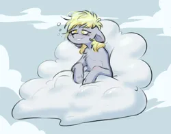 Size: 1280x1001 | Tagged: safe, artist:chub-wub, derpibooru import, derpy hooves, pegasus, pony, cloud, cute, derpabetes, female, grin, image, jpeg, mare, messy mane, sky, smiling, solo, tired