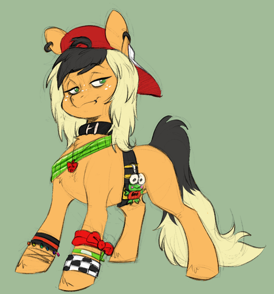 Size: 2055x2202 | Tagged: safe, artist:chub-wub, derpibooru import, applejack, earth pony, frog, pony, alternate hairstyle, antonymph, backwards ballcap, baseball cap, belt, bracelet, cap, collar, ear piercing, earring, female, freckles, green background, hat, image, jewelry, jpeg, lip piercing, mare, missing cutie mark, necklace, piercing, scene hair, scene kid, simple background, solo, vylet pony, wristband