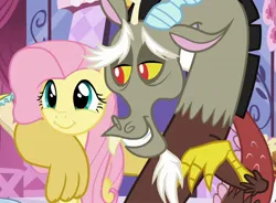 Size: 1456x1072 | Tagged: safe, derpibooru import, screencap, discord, fluttershy, draconequus, pegasus, pony, what about discord?, carousel boutique, cute, discovery family, discovery family logo, discute, image, jpeg, logo, mannequin, shyabetes