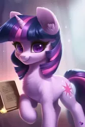 Size: 512x768 | Tagged: safe, derpibooru import, machine learning generated, stable diffusion, twilight sparkle, pony, unicorn, ai content, blurry background, book, chest fluff, colored pupils, ear fluff, female, fluffy, generator:purplesmart.ai, image, jpeg, looking at you, mare, raised hoof, smiling, smiling at you, soft shading, solo, standing, unicorn twilight