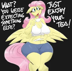 Size: 5200x5100 | Tagged: safe, artist:flutterthrash, derpibooru import, fluttershy, anthro, pegasus, black background, breasts, busty fluttershy, cleavage, clothes, cup, dialogue, female, floppy ears, food, g4, image, midriff, open mouth, plate, png, shorts, simple background, solo, spread wings, tail, tanktop, tea, teacup, top, wide hips, wings