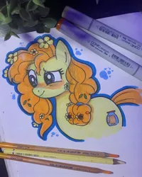 Size: 1440x1800 | Tagged: safe, artist:flutterpawss, derpibooru import, pear butter, earth pony, pony, blushing, cute, female, flower, flower in hair, image, jpeg, mare, outline, smiling, solo, solo female, traditional art