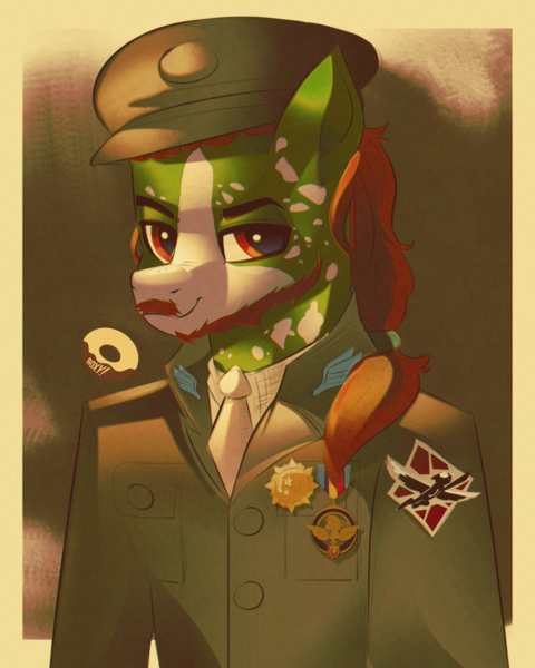 Size: 2400x3000 | Tagged: safe, artist:poxy_boxy, derpibooru import, oc, oc:well geboren, dog, dog pony, earth pony, original species, pony, beard, clothes, equestria medal of honor, facial hair, image, major wings, medals, png, ponytail, shoulder patch, uniform, war thunder, wingman award