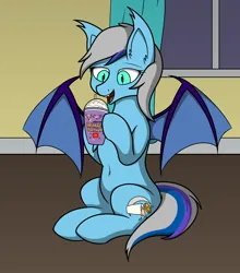 Size: 2200x2500 | Tagged: safe, artist:lone wolf, derpibooru import, bat pony, pony, belly button, drink, fangs, grimace shake, image, mcdonald's, meme, milkshake, open mouth, photo, png, solo, spread wings, wings