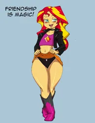 Size: 2800x3600 | Tagged: suggestive, artist:darkeros13, derpibooru import, edit, edited edit, sunset shimmer, human, equestria girls, belly button, blue background, choker, clothes, female, image, jacket, leather, leather jacket, panties, png, sexy, simple background, skirt, skirt lift, smiling, underwear, upskirt
