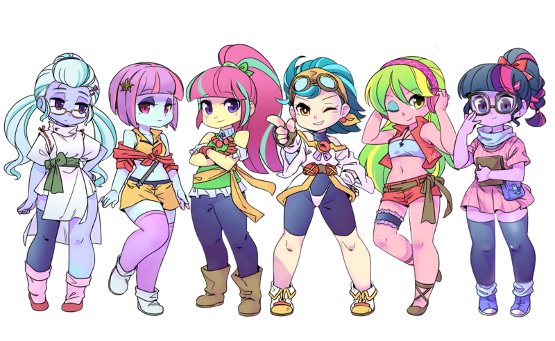 Size: 2000x1230 | Tagged: safe, artist:shepherd0821, derpibooru import, indigo zap, lemon zest, sci-twi, sour sweet, sugarcoat, sunny flare, twilight sparkle, human, equestria girls, belly button, bulma, clothes, cosplay, costume, crossed arms, dragon ball, faye valentine, female, glasses, group, hand on hip, headphones, image, looking at you, one eye closed, png, sextet, shadow five, shadow six, simple background, smiling, smiling at you, transparent background, wink, winking at you