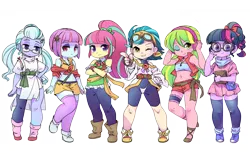 Size: 2000x1230 | Tagged: safe, artist:shepherd0821, derpibooru import, indigo zap, lemon zest, sci-twi, sour sweet, sugarcoat, sunny flare, twilight sparkle, human, equestria girls, belly button, bulma, clothes, cosplay, costume, crossed arms, dragon ball, faye valentine, female, glasses, group, hand on hip, headphones, image, looking at you, one eye closed, png, sextet, shadow five, shadow six, simple background, smiling, smiling at you, transparent background, wink, winking at you