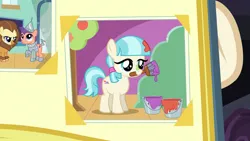 Size: 1920x1080 | Tagged: safe, derpibooru import, screencap, coco pommel, tin orbit, violet cream, earth pony, pony, made in manehattan, clothes, colt, costume, cowardly lion, female, filly, filly coco pommel, foal, g4, hooves, image, looking up, male, mouth hold, paint, paint can, paint in hair, paint on fur, paintbrush, photo, photo album, png, raised hoof, smiling, tail, the wizard of oz, tin man, younger