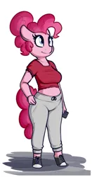 Size: 1663x3184 | Tagged: safe, artist:andelai, derpibooru import, pinkie pie, anthro, earth pony, unguligrade anthro, bare midriff, breasts, busty pinkie pie, clothes, female, hand on hip, high res, image, jpeg, mobile phone, pants, phone, simple background, solo, sweatpants, white background