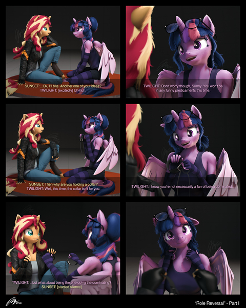 Size: 5184x6480 | Tagged: suggestive, artist:imafutureguitarhero, derpibooru import, sci-twi, sunset shimmer, twilight sparkle, twilight sparkle (alicorn), alicorn, anthro, unguligrade anthro, unicorn, comic:role reversal, series:twilight's sexual deviancy, 3d, 6 panel comic, absurd resolution, alicornified, arm fluff, arm freckles, blushing, boots, cheek fluff, chest fluff, chest freckles, chromatic aberration, clothes, cloven hooves, collar, colored eyebrows, colored eyelashes, colored wings, comic, cute, denim, derpibooru exclusive, dialogue, dominant pov, ear fluff, ear freckles, evening gloves, female, femsub, film grain, fingerless elbow gloves, fingerless gloves, floppy ears, fluffy, fluffy hair, fluffy mane, fluffy tail, freckles, fur, glasses, glasses off, gloves, grin, hoof boots, hoof fluff, horn, image, jacket, jeans, jpeg, leash, leather, leather boots, leather gloves, leather jacket, leonine tail, long gloves, long hair, long mane, multicolored hair, multicolored mane, multicolored tail, neck fluff, nose wrinkle, offscreen character, open mouth, paintover, pants, peppered bacon, pov, race swap, revamped anthros, revamped ponies, role reversal, scitwilicorn, shirt, shoes, shorts, shoulder fluff, shoulder freckles, signature, sitting on floor, smiling, socks, source filmmaker, stage.bsp, stockings, striped gloves, striped socks, striped stockings, submissive, subtitles, surprised, tail, tail fluff, talking, tanktop, text, thigh highs, twiabetes, twisub, two toned wings, unshorn fetlocks, wall of tags, wing fluff, wing freckles, wings, worried