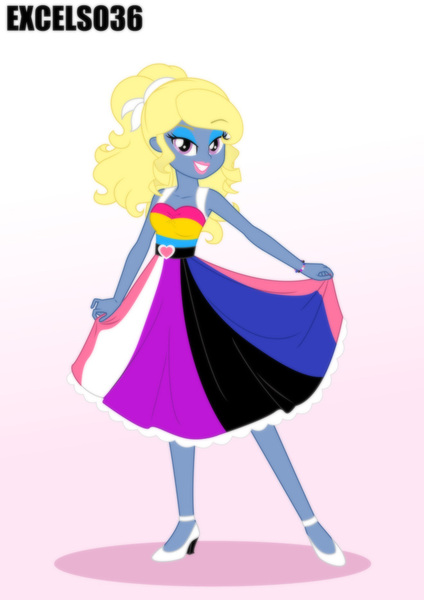 Size: 661x935 | Tagged: safe, artist:excelso36, derpibooru import, oc, oc:azure/sapphire, equestria girls, crossdressing, equestria girls-ified, femboy, genderfluid pride flag, image, jpeg, makeup, male, pansexual, pansexual pride flag, pride, pride dress, pride flag