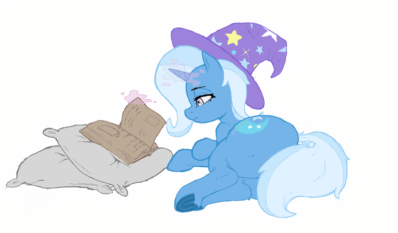 Size: 4096x2394 | Tagged: safe, artist:dundundun, color edit, derpibooru import, edit, trixie, pony, unicorn, colored, female, g4, hat, horn, image, looking at you, magic, mare, png, reading, simple background, solo, white background