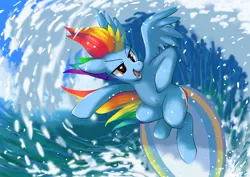 Size: 3508x2480 | Tagged: safe, artist:neoshrek, derpibooru import, rainbow dash, pegasus, pony, digital art, female, flowing mane, flowing tail, image, jpeg, mare, ocean, open mouth, open smile, smiling, solo, spread wings, surfing, tail, water, wings