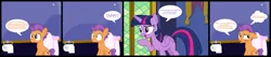 Size: 2886x615 | Tagged: safe, artist:lunaticdawn, derpibooru import, tender taps, twilight sparkle, twilight sparkle (alicorn), alicorn, earth pony, pony, bathroom, blushing, colt, comic, door, female, foal, image, male, mare, png, sitting, sitting on toilet, smiling, speech bubble, text, thought bubble, toilet, toilet paper, twilight's castle