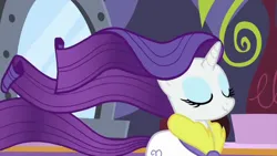 Size: 854x480 | Tagged: safe, derpibooru import, screencap, pony, unicorn, rarity's biggest fan, spoiler:interseason shorts, eyes closed, female, image, long hair, long mane, long tail, png, purple hair, solo, solo female, spa robe, tail, wind, windswept hair, windswept mane, windswept tail