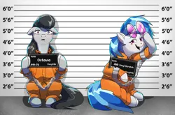 Size: 3252x2144 | Tagged: safe, artist:applephil, derpibooru import, octavia melody, vinyl scratch, earth pony, pony, unicorn, barbie mugshot meme, chains, clothes, duo, female, floppy ears, high res, image, jumpsuit, looking at you, mare, meme, mugshot, open mouth, open smile, png, prison outfit, prisoner octavia, prisoner vinyl, shackles, simple background, smiling, smiling at you, sunglasses, sunglasses on head