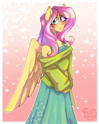 Size: 1200x1500 | Tagged: safe, artist:unclecucky, derpibooru import, fluttershy, pegasus, equestria girls, clothes, dress, female, gradient background, human facial structure, image, jpeg, looking at you, off shoulder, off shoulder sweater, smiling, smiling at you, solo, sweater