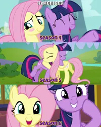 Size: 2458x3072 | Tagged: safe, derpibooru import, edit, edited screencap, editor:itsmgh1203, screencap, fluttershy, twilight sparkle, twilight sparkle (alicorn), alicorn, pegasus, pony, flutter brutter, it ain't easy being breezies, season 4, season 5, season 6, the hooffields and mccolts, ^^, blushing, cute, duo, duo female, eyes closed, female, glowing cutie mark, grin, hug, image, jpeg, mare, open mouth, open smile, shyabetes, smiling, text, twiabetes, twilight's castle