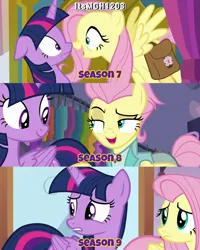 Size: 2458x3072 | Tagged: safe, derpibooru import, edit, edited screencap, editor:itsmgh1203, screencap, fluttershy, twilight sparkle, twilight sparkle (alicorn), alicorn, pegasus, pony, a health of information, fake it 'til you make it, season 7, season 8, season 9, the beginning of the end, spoiler:s08, spoiler:s09, bag, duo, duo female, eyebrows, female, frown, image, jpeg, mare, open mouth, open smile, raised eyebrow, saddle bag, smiling, spread wings, text, twilight's castle, wings