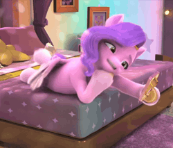 Size: 1270x1080 | Tagged: safe, derpibooru import, edit, edited screencap, screencap, pipp petals, g5, my little pony: make your mark, spoiler:g5, spoiler:my little pony: make your mark, spoiler:my little pony: make your mark chapter 4, spoiler:mymc04e06, a little horse, animated, bed, bedroom, book, cough, coughing, cropped, curtains, gif, image, mobile phone, my little pony: make your mark chapter 4, phone, pillow, pipp petals is best facemaker, sick, solo, stained glass, textbook, window