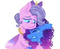 Size: 760x619 | Tagged: safe, artist:kreeeeeez, derpibooru import, queen haven, pegasus, pony, unicorn, g5, comforting, crown, crying, duo, duo female, eyes closed, female, folded wings, freckles, frown, gritted teeth, hug, image, jewelry, looking at someone, mare, misty brightdawn, png, rebirth misty, regalia, sad, simple background, teeth, white background, wings